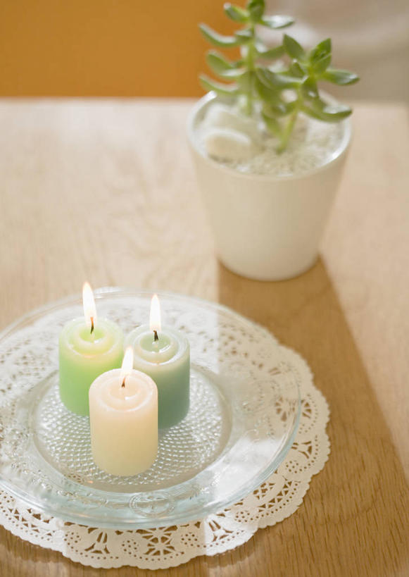 无人,竖图,俯视,室内,特写,白天,植物,餐具,蜡烛,纺织品,阴影,朦胧,模糊,光线,布,碟子,火焰,盘,盆栽,影子,烛光,蕾丝,盆景,织物,燃烧,绿色,自然,盘子,垫子,碟,点燃,生长,成长,布匹,彩图,高角度拍摄,镂空织物