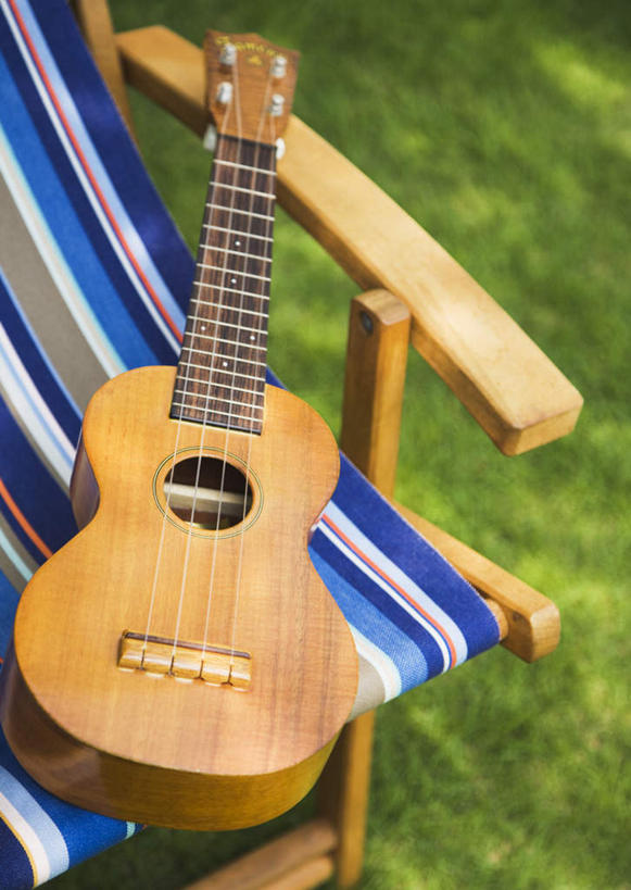 无人,竖图,俯视,室外,特写,白天,草地,草坪,植物,椅子,一把,阴影,朦胧,模糊,光线,影子,躺椅,吉他,乐器,弦乐器,草,绿色,阳光,沙滩椅,弹拨弦鸣乐器,尤克里里琴,夏威夷四弦琴,彩图,高角度拍摄,弹拨弦乐器