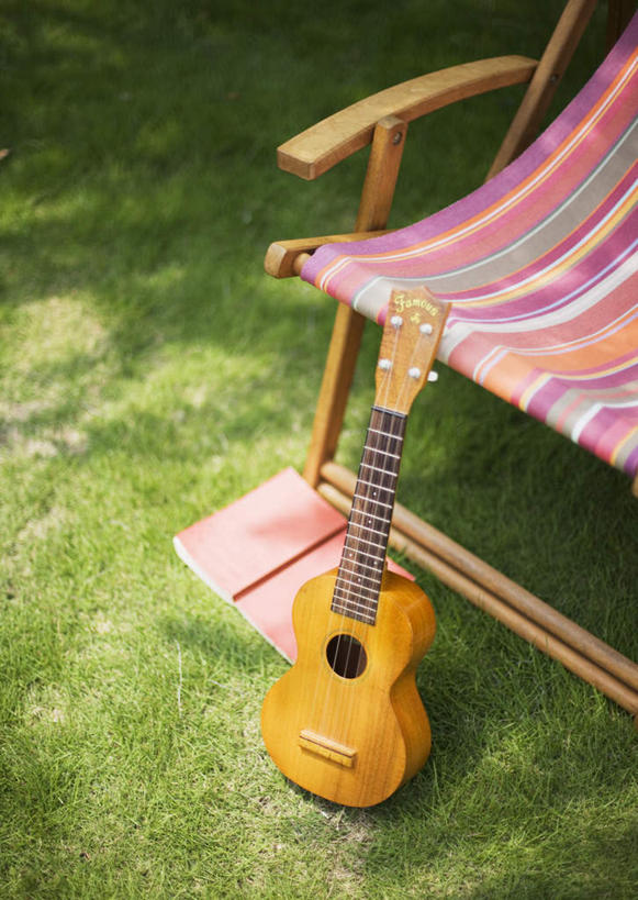 无人,竖图,俯视,室外,特写,白天,草地,草坪,植物,椅子,阴影,光线,影子,躺椅,吉他,乐器,弦乐器,草,绿色,阳光,沙滩椅,弹拨弦鸣乐器,尤克里里琴,夏威夷四弦琴,彩图,高角度拍摄,弹拨弦乐器