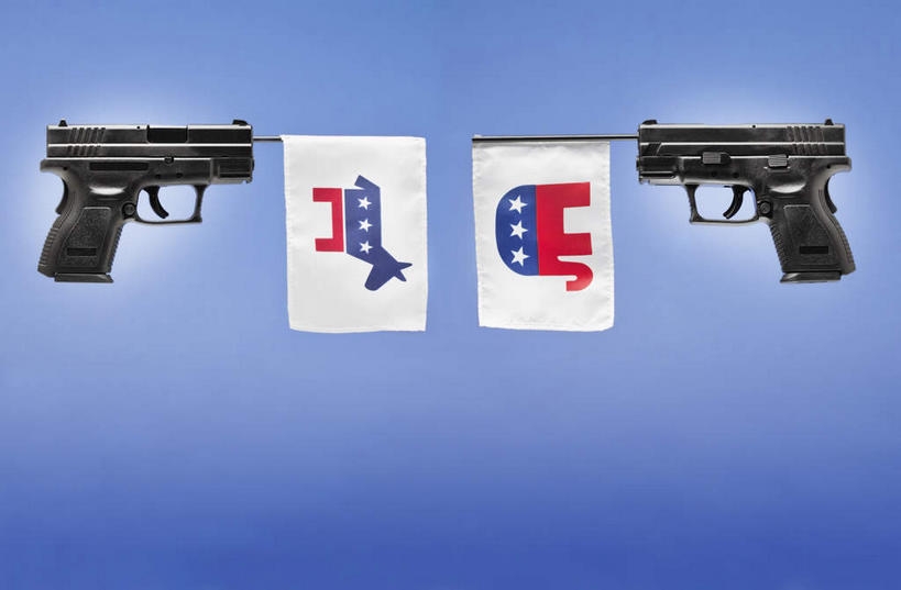 无人,横图,室内,特写,白天,正面,竞争,静物,旗帜,对抗,蓝色背景,冲突,枪支,两把,破坏,旗子,武器,战争,摄影,手枪,影棚,损坏,攻击,威胁,对立,矛盾,兵器,防御,枪械,弹夹,敌对,挫败,斗争,抗拒,抗衡,杀伤,威慑,旌旗,旗号,共和党,民主党,子弹夹,危险,彩图,影棚拍摄,拍摄