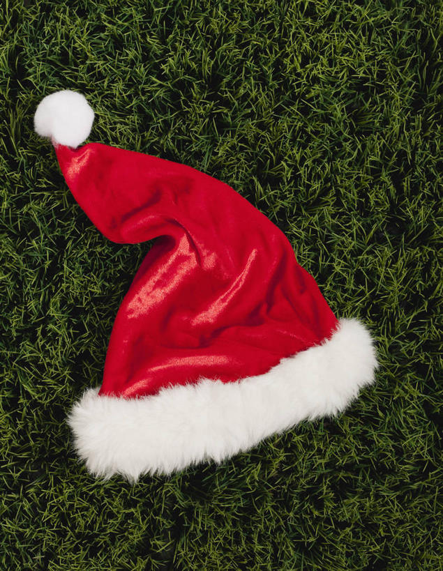 无人,竖图,俯视,室外,特写,白天,草地,草坪,植物,帽子,圣诞节,节日,庆祝,文化,草,一个,红色,绿色,庆典,圣诞帽,单个,纪念,棉帽,彩图,高角度拍摄