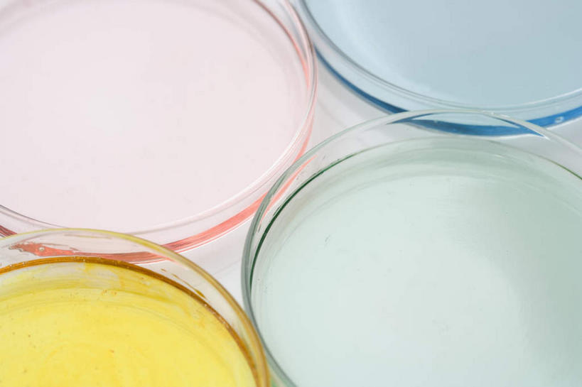 无人,横图,俯视,室内,特写,白天,实验,仪器,朦胧,模糊,研究,分析,化学,测试,培养皿,液体,黄色,红色,蓝色,绿色,四个,器皿,生物,皮氏培养皿,试验耗材,实验用品,化学器材,彩图,高角度拍摄