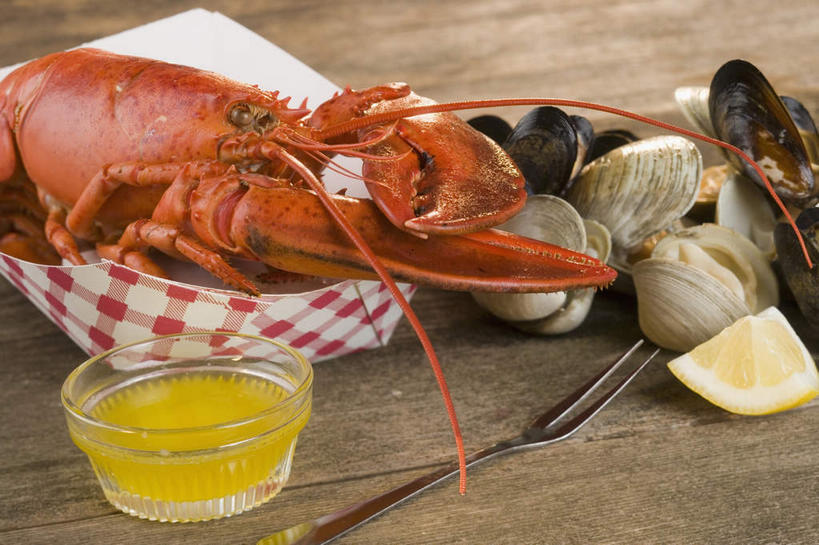 海鲜,龙虾,无人,横图,俯视,室外,特写,白天,餐桌,桌子,柠檬,贝壳,餐具,玻璃,许多,叉子,刀叉,刀子,纸盒,虾,黄油,水产,海洋生物,玻璃制品,盒子,一只,红色,包装盒,容器,碗,餐台,储藏,乳制品,储存,水生动物,餐刀,白脱油,海产品,贻贝,水生物,海底动物,餐叉,海虹,淡菜,壳菜,青口,乳脂,进餐用具,益母果,柠果,半身,彩图,高角度拍摄,波士顿龙虾,贮存