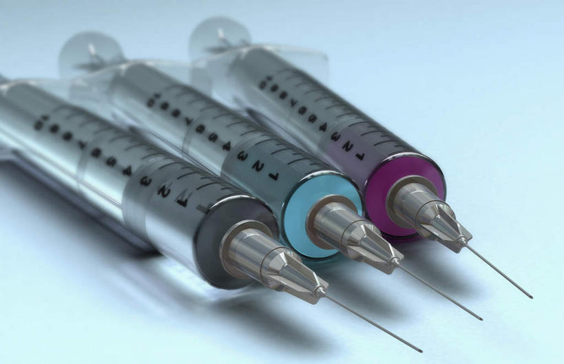 无人,横图,室内,特写,白天,白色背景,正面,液体,三个,蓝色,紫色,灰色,枕头,针管,针筒,注射,医疗,医疗设备,注射器,彩图