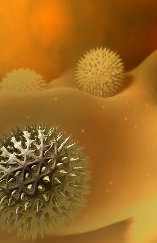 无人,竖图,室内,白天,正面,数码,科技,阴影,黄色背景,网络,高光,几何,计算机图形,合成,白色,球体,电脑合成图,数码合成图,疾病,哮喘,花粉,过敏,写实,具体,具象,花粉症,彩图,花粉粒