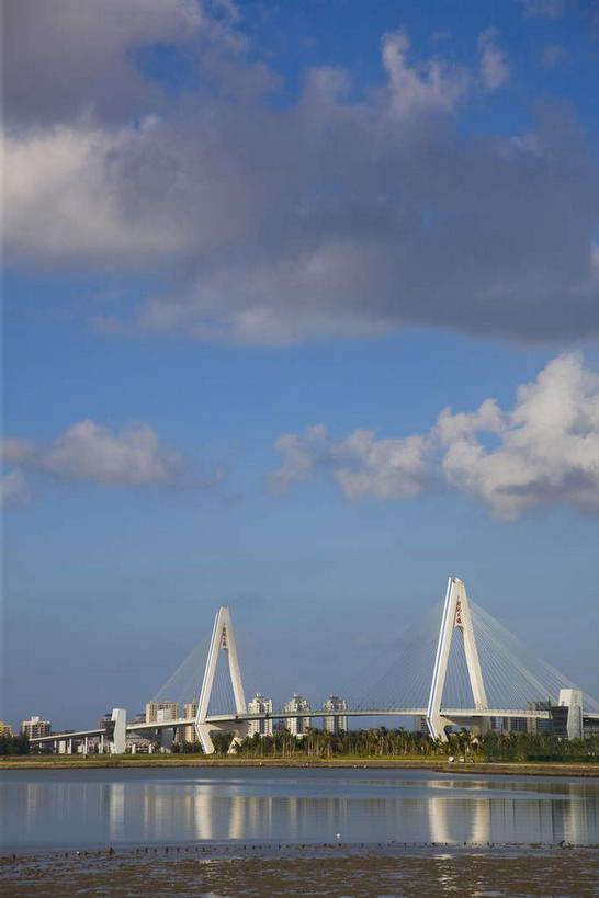 无人,高楼大厦,竖图,室外,白天,正面,度假,河流,美景,树林,水,植物,城市风光,城市,大桥,大厦,建筑,摩天大楼,桥梁,中国,亚洲,阴影,光线,影子,河水,景观,水流,云,云朵,斜拉桥,桥,云彩,娱乐,树,树木,海南,蓝色,绿色,白云,倒影,蓝天,天空,阳光,自然,天,享受,休闲,景色,放松,海南省,生长,晴朗,成长,倒映,东亚,中华人民共和国,华南地区,省会,海口,海口市,琼,反照,斜张桥,晴空,彩图,大楼,高层建筑,高楼,摩天楼,海口世纪大桥,龙华区,世纪大桥