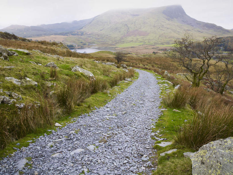无人,横图,室外,白天,正面,旅游,度假,草地,草坪,石头,美景,山,山脉,树林,植物,道路,路,英国,欧洲,石子,景观,山峰,小路,交通,山峦,娱乐,草,树,树木,绿色,自然,群山,享受,休闲,景色,放松,生长,成长,西欧,自然风光,大不列颠,威尔士,大不列颠及北爱尔兰联合王国,大不列颠联合王国,日不落英帝国,威尔士公国,格温内思郡,斯诺登山,坎布里亚山脉,石块,岩石,彩图