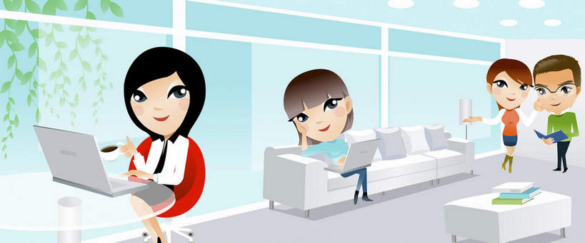 西方人,无人,四个人,同事,商务人士,商务男性,商务女性,办公室,站,坐,横图,插画,室内,白天,正面,衬衫,成功,合作,团队,集体,信心,电脑,笔记本电脑,数码,科技,植物,家具,靠垫,沙发,桌子,欧洲,欧洲人,阴影,套装,服装,网络,包,材料,档案,公文包,文件,办公桌,墙,靠枕,领带,高光,几何,计算机图形,合成,图画,注视,休闲装,通讯设备,队伍,墙壁,墙面,画,树,树木,衣服,蓝色,绿色,黑色,蓝天,天空,自然,资料,垫子,枕头,天,观察,看,站着,休闲,休闲服,服饰,生长,晴朗,成长,公事包,观看,电脑合成图,数码合成图,察看,无线,领导,成就,关注,文档,通信设备,商务装,无线网络,合伙,领袖,漫画,无线上网,便携式电脑,工薪阶层,万里无云,办公家具,写实,具体,具象,手提电脑,男人,男性,年轻男性,年轻女性,女人,女性,白种人,年轻人,白领,上班族,晴空,晴空万里,站立,坐着,彩图,全身,衬衣,短发,皮沙发