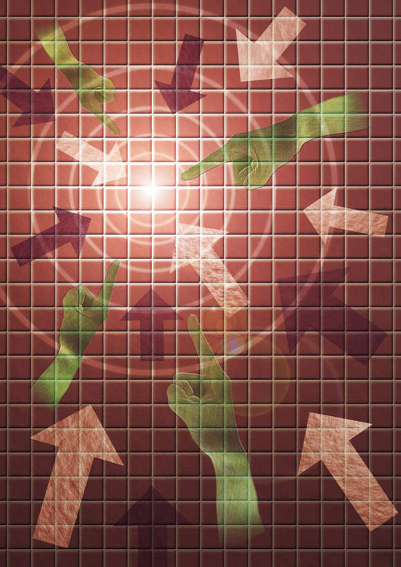 手,无人,竖图,室内,白天,正面,数码,科技,许多,指,阴影,光线,网络,影子,高光,几何,计算机图形,合成,方向,箭头,红色,绿色,白色,阳光,手势,手部,电脑合成图,数码合成图,指向,食指,写实,具体,具象,簇,半身,彩图