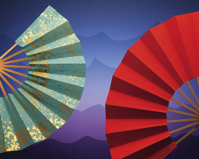 无人,横图,室内,特写,白天,正面,静物,日本,亚洲,蓝色背景,扇子,折扇,纸扇,两把,清凉,凉爽,文化,红色,绿色,摄影,影棚,东亚,日本国,撒扇,彩图,影棚拍摄,拍摄,传统文化