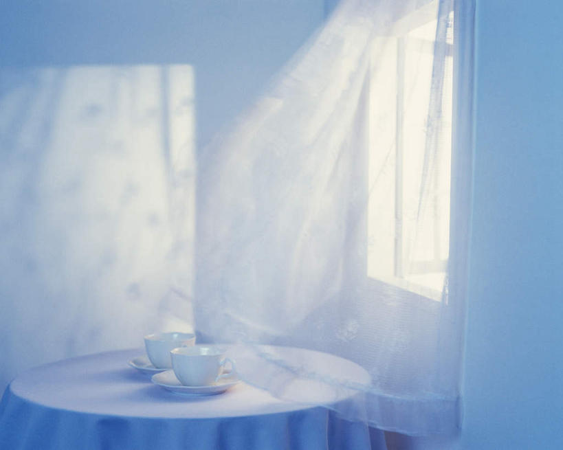 无人,横图,室内,白天,正面,餐桌,窗户,桌子,杯子,阴影,朦胧,模糊,光线,瓷器,影子,墙,咖啡杯,陶瓷制品,玻璃窗,墙壁,墙面,蓝色,阳光,餐台,瓷杯,窗纱,彩图