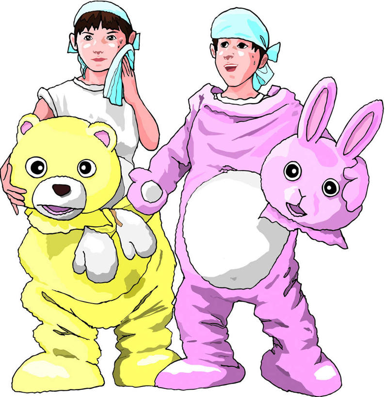 东方人,无人,两个人,伙伴,朋友,站,举,竖图,插画,室内,白天,白色背景,正面,友谊,数码,科技,哺乳动物,熊,亚洲,擦,阴影,网络,兔子,玩偶,高光,几何,计算机图形,合成,图画,注视,黄种人,画,粉色,黄色,动物,观察,看,托,站着,观看,兔,电脑合成图,数码合成图,察看,关注,漫画,演出服,写实,具体,具象,友情,男人,男性,年轻男性,年轻女性,女人,女性,亚洲人,举起,举手,举着,向上举,向上伸,向上托,站立,彩图,全身