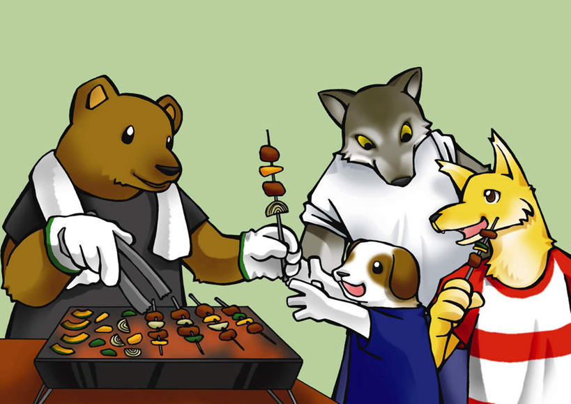 无人,站,举,吃,横图,插画,室内,白天,正面,烧烤,数码,科技,狗,狐狸,狼,野生动物,熊,四只,握,绿色背景,阴影,网络,烤架,烤肉,高光,几何,计算机图形,拿,合成,图画,拿着,画,动物,托,站着,铁架,可爱,握着,活泼,电脑合成图,数码合成图,漫画,肉串,写实,具体,具象,犬,举着,嚼,食,向上举,向上伸,向上托,站立,半身,彩图