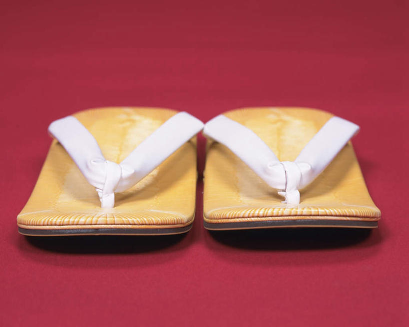 无人,横图,俯视,室内,特写,白天,鞋子,一双,阴影,红色背景,反射,鞋带,影子,地面,木屐,黄色,白色,摄影,影棚,木鞋,彩图,高角度拍摄,影棚拍摄,人字拖,人字拖鞋,拍摄