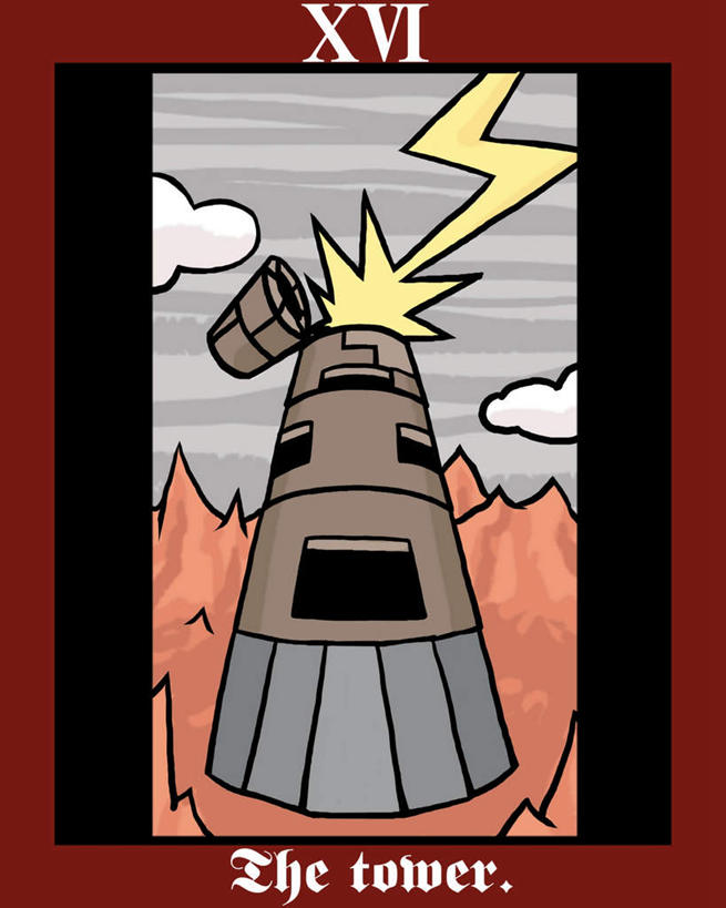 无人,竖图,插画,室内,白天,正面,数码,科技,阴影,黑色背景,破旧,网络,英文,边框,标志,方框,数字,图案,文字,字符,字母,乌云,云,阴天,云朵,高塔,塔,褐色,雷电,高光,几何,计算机图形,罗马数字,合成,图像,云彩,图画,标识,画,画框,天空,卡片,天,卡通,可爱,活泼,英文字母,电脑合成图,数码合成图,废旧,昏暗,阴沉,塔罗牌,占卜,毁灭,漫画,算命,写实,具体,具象,击中,大阿卡那牌,彩图