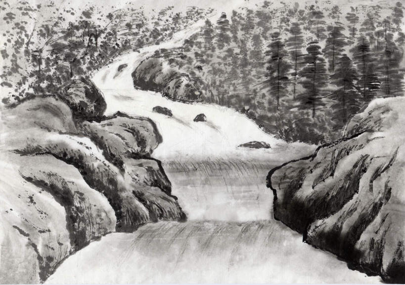 无人,横图,黑白,室内,白天,正面,绘画,河流,美景,山,树林,水,植物,许多,艺术,河水,景观,山峰,水流,山峦,古典,文化,树,树木,绿色,小溪,自然,工艺品,溪水,品味,景色,生长,成长,美术,高雅,自然风光,国画,水墨画,美学,水墨