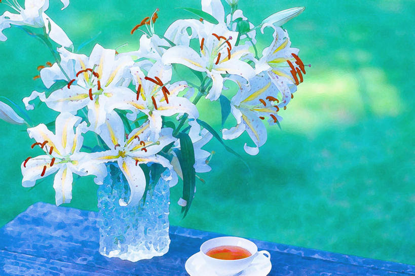 无人,横图,俯视,室内,特写,白天,绘画,数码,科技,餐桌,桌子,百合花,杯子,餐具,许多,阴影,朦胧,模糊,艺术,盛开,网络,碟子,盘,高光,几何,计算机图形,古典,合成,花蕾,文化,花,花瓣,花朵,鲜花,白色,盘子,水杯,工艺品,碟,花苞,花蕊,品味,餐台,美术,电脑合成图,数码合成图,水彩,水彩画,高雅,强瞿,写实,具体,具象,美学,百合蒜,倒仙,番韭,山丹,茶杯,彩图,高角度拍摄