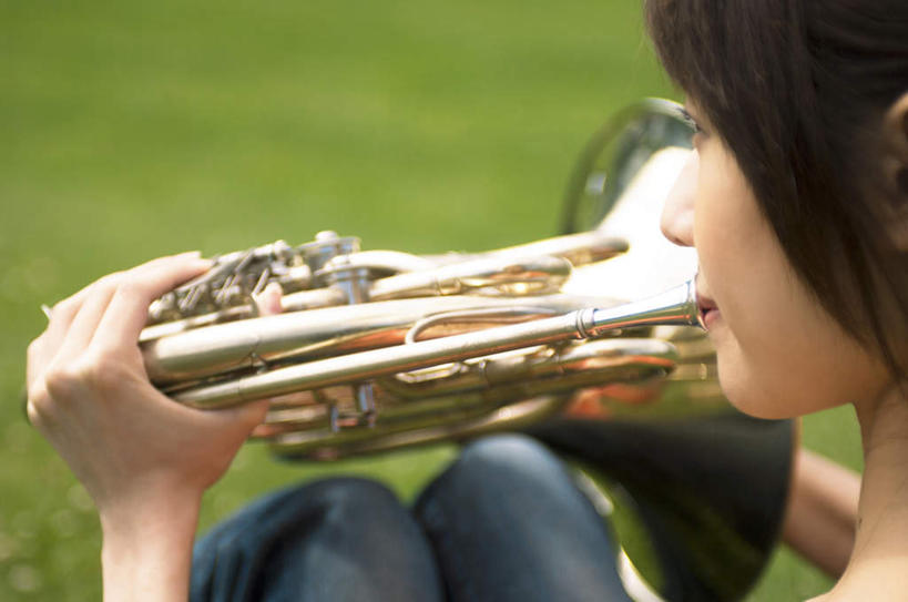 东方人,一个人,坐,横图,室外,白天,草地,草坪,植物,亚洲,仅一个年轻女性,仅一个女性,仅一个人,服装,朦胧,模糊,大号,乐器,铜管乐器,拿,演奏,拿着,休闲装,黄种人,草,背面,衣服,红色,绿色,吹,休闲,休闲服,服饰,铜管,低音大号,年轻女性,女人,女性,亚洲人,坐着,半身,彩图