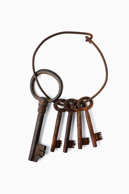 无人,竖图,俯视,室内,特写,白天,白色背景,安全,静物,金属制品,一把,一排,许多,连接,整齐,金属,防护,钥匙,钥匙圈,排列,摄影,影棚,保护,开启,队列,封闭,保险,私密,保全,周全,安稳,安定,防盗,平安,彩图,高角度拍摄,影棚拍摄,拍摄