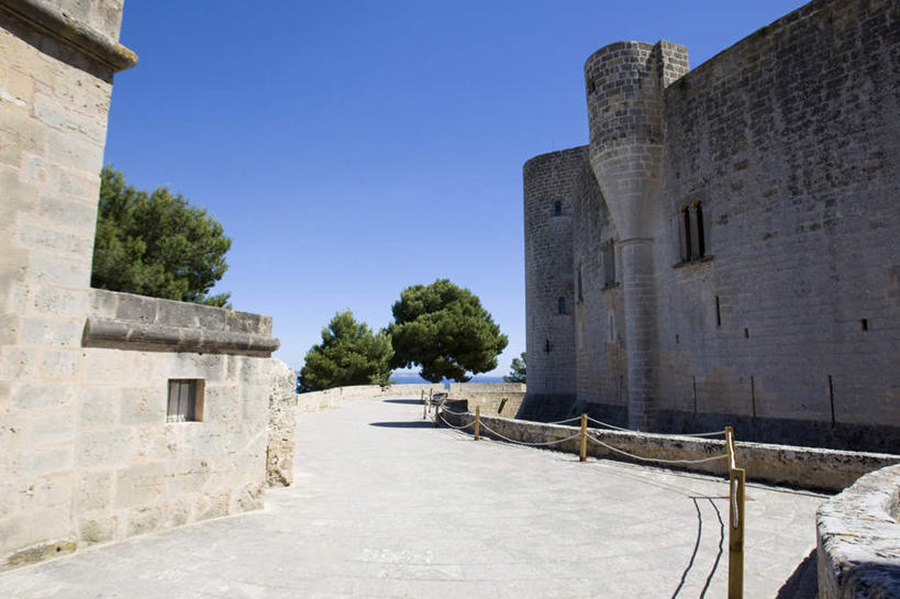 无人,横图,室外,白天,正面,旅游,度假,名胜古迹,植物,标志建筑,道路,地标,建筑,路,西班牙,欧洲,阴影,遗迹,光线,影子,建筑群,小路,交通,古迹,文物,娱乐,建设,古建筑,树,树木,蓝色,绿色,蓝天,天空,阳光,自然,天,享受,休闲,旅游胜地,放松,生长,晴朗,成长,南欧,古文明,万里无云,帕尔马,马略卡岛,西班牙王国,贝利韦尔城堡,晴空,晴空万里,彩图,贝尔弗城堡