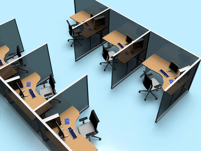 无人,办公室,横图,俯视,室内,白天,电脑,显示器,鼠标,键盘,数码,科技,家具,桌子,椅子,一排,许多,阴影,蓝色背景,整齐,网络,办公桌,鼠标垫,高光,几何,计算机图形,合成,输入设备,通讯设备,排列,会议椅,台式电脑,办公椅,电脑合成图,数码合成图,队列,通信设备,输出设备,办公家具,写实,具体,具象,商务椅,培训椅,彩图,高角度拍摄