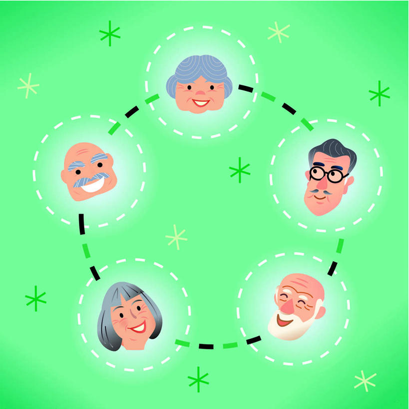 无人,伙伴,朋友,笑,说,微笑,露齿笑,方图,插画,室内,特写,白天,正面,友谊,合作,团队,数码,科技,五个人,阴影,网络,许多人,高光,几何,计算机图形,合成,图画,画,一群人,战略,电脑合成图,数码合成图,漫画,写实,具体,具象,联合,合谋,会聚,集聚,交流,配合,协作,老年男性,老年女性,男人,男性,女人,女性,交谈,说话,彩图,全身,欢乐