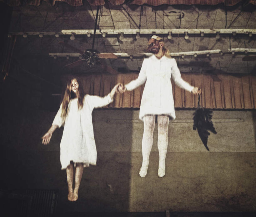 西方人,两个人,横图,室内,白天,正面,欧洲,欧洲人,吊挂,悬挂,阴影,装饰,反射,面具,影子,墙,挂,墙壁,墙面,白色,牵手,护士服,华丽,修饰,点缀,卫生,恐怖,上吊,自杀,纯真,可怕,衬托,美观,雅致,雅观,洁净,可骇,光明,恬静,中间色,朴素,清白,恐惧,年轻女性,女人,女性,白种人,彩图,全身