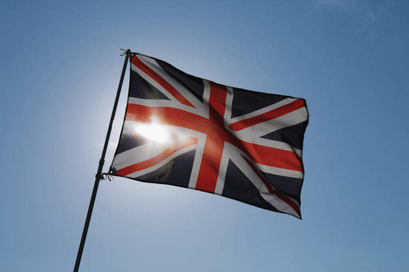 无人,横图,室外,特写,白天,仰视,静物,旗帜,国旗,一面,阴影,光线,旗杆,影子,蓝色,蓝天,天空,阳光,英国国旗,天,晴朗,米字旗,万里无云,旗,晴空,晴空万里,彩图,低角度拍摄