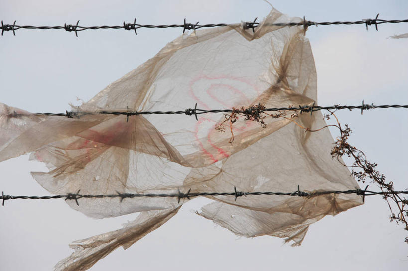 无人,横图,室外,特写,白天,仰视,静物,袋子,塑料,铁丝网,塑料袋,天空,容器,塑料制品,天,储藏,垃圾袋,储存,铁蒺藜,彩图,低角度拍摄,贮存