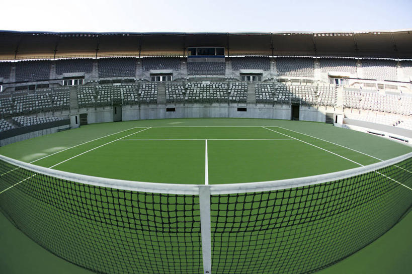 无人,横图,室外,白天,正面,阴影,光线,影子,球场,网球场,看台,球网,场地,座位,蓝色,蓝天,天空,阳光,天,晴朗,万里无云,坐位,网球球网,晴空,晴空万里,彩图,网球场地,草地球场