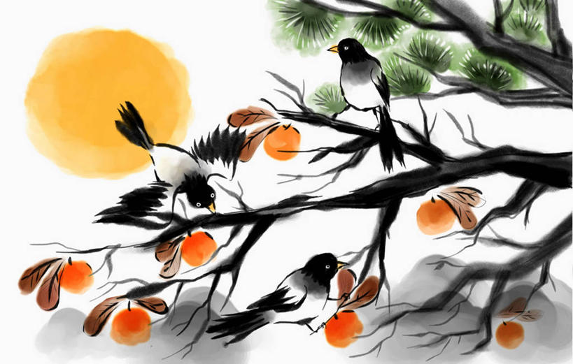 无人,站,横图,插画,室内,白天,白色背景,正面,数码,科技,太阳,植物,鸟,喜鹊,浆果,柿子,水果,飞翔,伸展,张开,展翅,阴影,新鲜,飞行,光线,网络,翅膀,鸟类,影子,生食,食品,果实,枝条,高光,几何,计算机图形,翱翔,合成,图画,注视,飞,画,树,树木,树枝,食物,绿色,阳光,自然,观察,看,站着,两只,有机食品,绿色食品,生长,成长,观看,电脑合成图,数码合成图,察看,合成图,关注,漫画,张开翅膀,写实,具体,具象,长尾巴郎,灰喜鹊,蓝膀香鹊,鸢喜鹊,虬枝,枝杈,展开翅膀,站立,彩图,全身