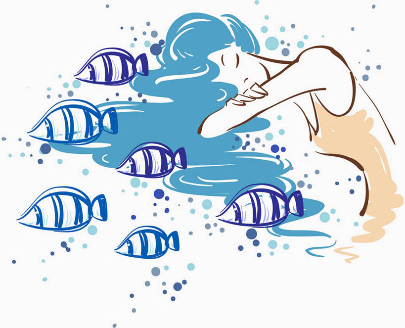 东方人,头发,一个人,无人,闭眼,横图,插画,室内,白天,白色背景,正面,数码,科技,海底,水下,亚洲,仅一个年轻女性,仅一个女性,仅一个人,阴影,服装,网络,鱼,背心,水底,高光,几何,计算机图形,合成,图画,黄种人,鱼类,海洋生物,画,衣服,蓝色,趴着,海底世界,服饰,电脑合成图,数码合成图,衣着,合成图,穿着,水生动物,水生物,漫画,海底动物,写实,具体,具象,观赏鱼,衣饰,年轻女性,女人,女性,亚洲人,长发,卷发,海床,闭眼睛,闭着眼,闭着眼睛,趴,半身,彩图