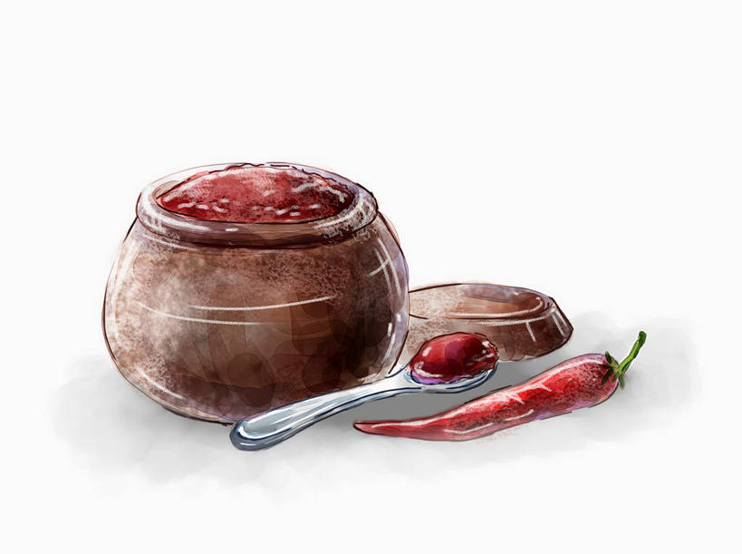 无人,横图,室内,白天,白色背景,正面,绘画,辣椒,艺术,滤器,勺子,调料,酱料,酱汁,佐料,调味品,古典,调味料,文化,酱,辣酱,容器,工艺品,品味,储藏,美术,辣椒酱,水彩,水彩画,高雅,储存,漏勺,辣角,红海椒,大椒,辣虎,广椒,美学,坛子,辣子,红辣椒,海椒,番椒,彩图,贮存