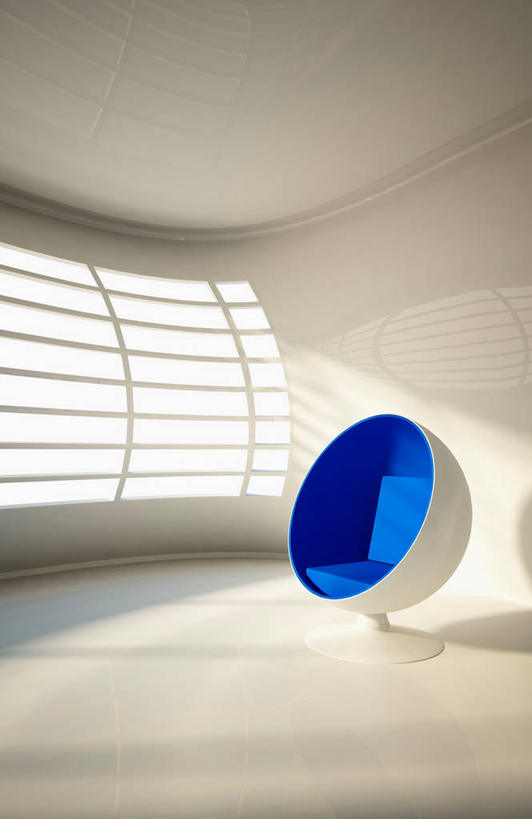 无人,竖图,室内,白天,正面,窗户,椅子,阴影,反射,影子,墙,玻璃窗,墙壁,墙面,白色,球椅,太空椅,鸡蛋椅,彩图