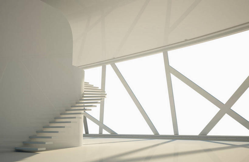 无人,横图,室内,白天,正面,窗户,楼梯,落地窗,阴影,反射,纹路,纹理,影子,阶梯,墙,玻璃窗,墙壁,墙面,台阶,白色,肌理,螺旋状,彩图,螺旋形,螺旋形状,螺旋型