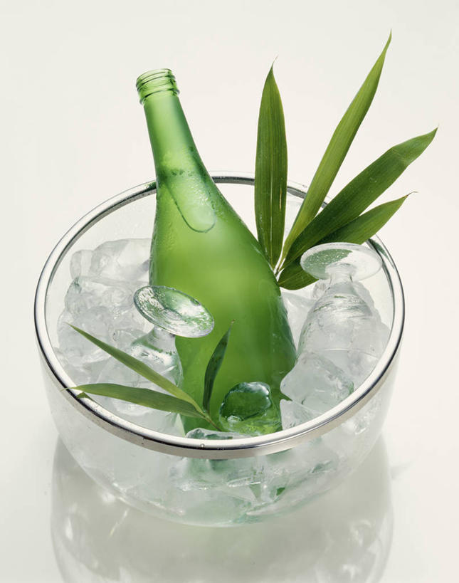 清酒,无人,竖图,俯视,室内,特写,白天,白色背景,叶子,玻璃,阴影,反射,铁桶,桶,影子,绿叶,酒类,玻璃制品,酒,酒瓶,饮料,瓶子,容器,嫩叶,摄影,影棚,储藏,储存,冰桶,香槟桶,叶,叶片,彩图,高角度拍摄,影棚拍摄,拍摄,贮存,清酒瓶