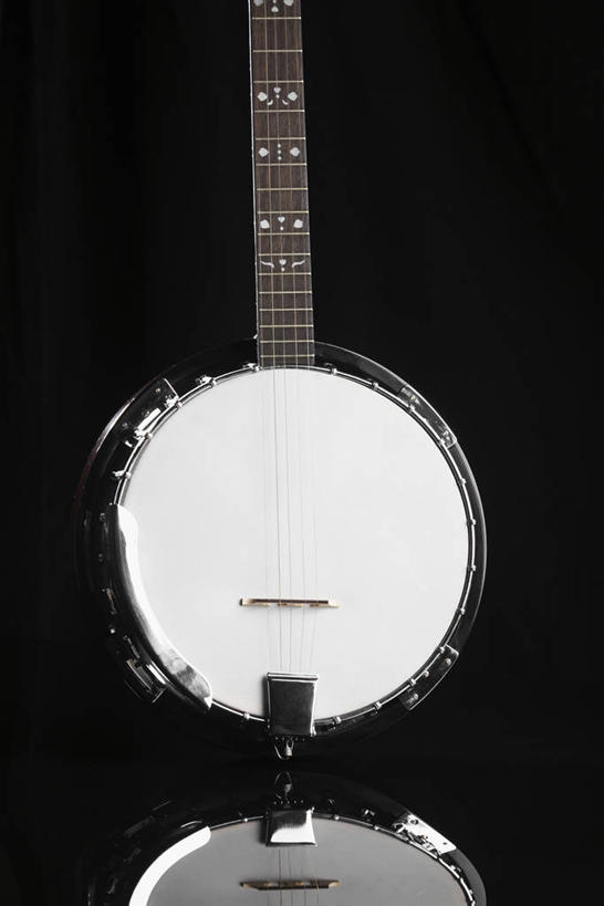 无人,竖图,室内,特写,白天,正面,静物,金属制品,阴影,黑色背景,反射,金属,影子,乐器,弦乐器,一个,摄影,影棚,单个,弹拨弦鸣乐器,班卓琴,彩图,影棚拍摄,拍摄,弹拨弦乐器