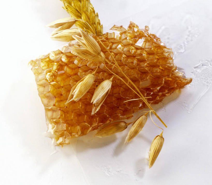 蜂蜜,无人,横图,俯视,室内,特写,白天,白色背景,农作物,小麦,餐桌,桌子,阴影,反射,蜂巢,蜂窝,影子,谷物,金色,摄影,麦子,影棚,餐台,花蜜,止痛,解毒,冬酿,石蜜,彩图,高角度拍摄,影棚拍摄,拍摄