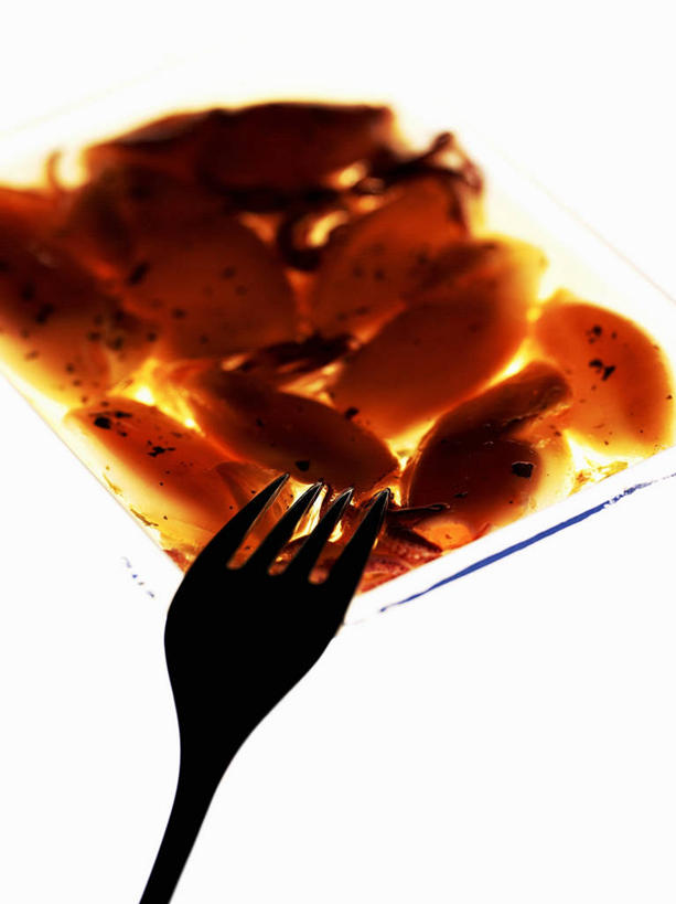 无人,竖图,俯视,室内,特写,白天,白色背景,餐桌,桌子,餐具,一块,阴影,反射,叉子,影子,肉,鱼干,鱼肉,肉类,一个,橙色,摄影,影棚,单个,餐台,肉食,餐叉,进餐用具,彩图,高角度拍摄,影棚拍摄,拍摄