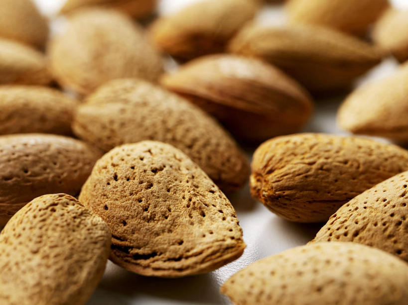 无人,横图,俯视,室内,特写,白天,餐桌,桌子,杏仁,许多,阴影,朦胧,模糊,反射,影子,褐色,很多,餐台,杏子,杏梅仁,杏核仁,木落子,苦杏仁,彩图,高角度拍摄