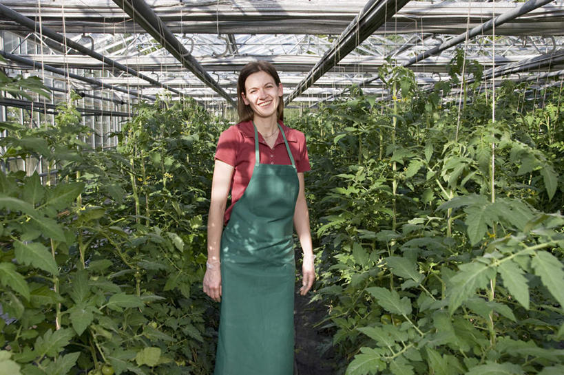 西方人,一个人,农田,站,笑,微笑,露齿笑,横图,室内,白天,正面,庄稼,农作物,叶子,欧洲,欧洲人,仅一个女性,仅一个人,服装,围裙,绿叶,温室,注视,休闲装,衣服,观察,看,站着,仅一个中年女性,休闲,休闲服,嫩叶,服饰,设施,观看,察看,暖房,防寒,关注,加温,透光,保温,女人,女性,中年女性,白种人,叶,叶片,站立,半身,彩图,耕地,庄稼田