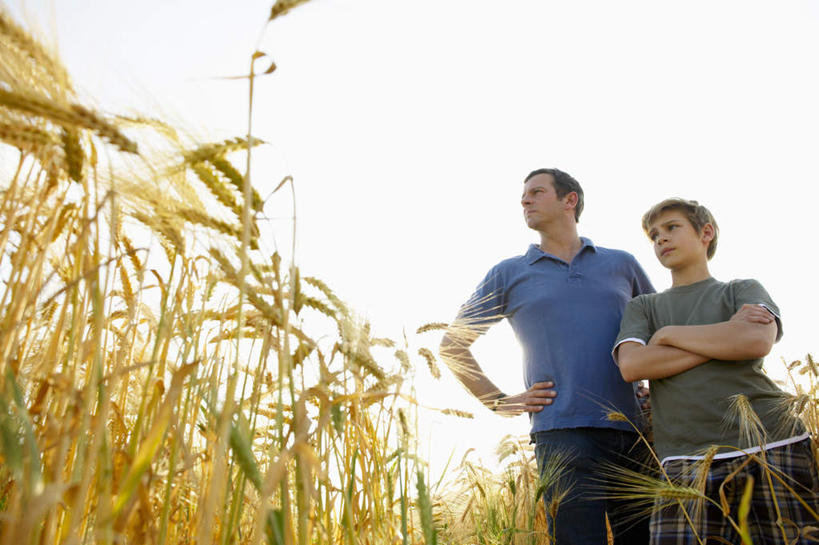 西方人,儿童,中年人,两个人,家庭,父亲,儿子,农田,站,笑,双手交叉,微笑,横图,室外,白天,仰视,纯洁,庄稼,农作物,欧洲,欧洲人,阴影,服装,丰收,光线,影子,麦田,注视,休闲装,手叉腰,小孩,衣服,天空,阳光,天,叉腰,观察,看,站着,休闲,温暖,温馨,父子,一家人,休闲服,父爱,可爱,童年,童趣,服饰,收获,观看,和睦,察看,双手抱胸,关注,童真,烂漫,无邪,天真,男孩,男人,男性,中年男性,白种人,孩子,站立,半身,彩图,低角度拍摄,耕地,庄稼田,融洽,男生