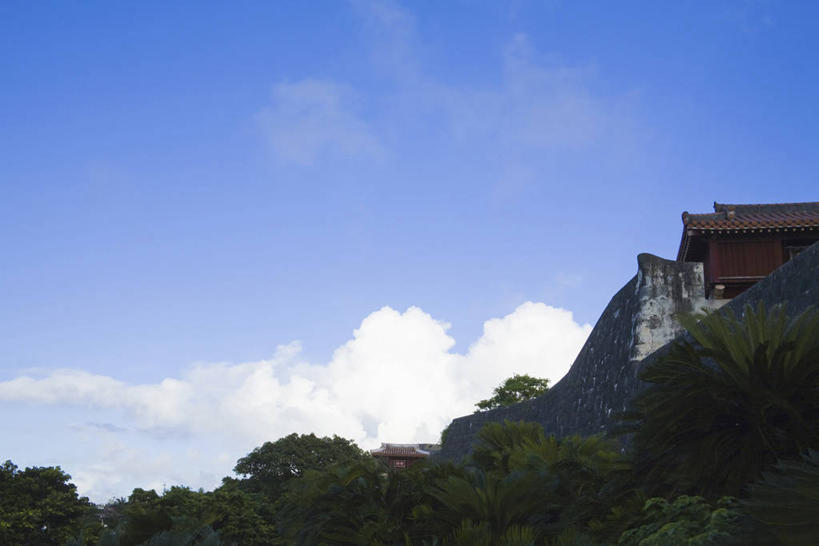 无人,横图,室外,白天,仰视,旅游,度假,名胜古迹,山,山脉,树林,植物,标志建筑,地标,建筑,日本,亚洲,阴影,遗迹,光线,影子,堡垒,城堡,墙,山峰,云,云朵,山峦,云彩,古迹,文物,娱乐,建设,冲绳,那霸,首里城,古建筑,墙壁,墙面,树,树木,蓝色,绿色,白云,蓝天,天空,阳光,自然,群山,天,享受,休闲,旅游胜地,放松,生长,晴朗,成长,冲绳县,要塞,古文明,东亚,琉球群岛,日本国,九州地方,县厅,那霸市,设防,晴空,彩图,低角度拍摄,首里