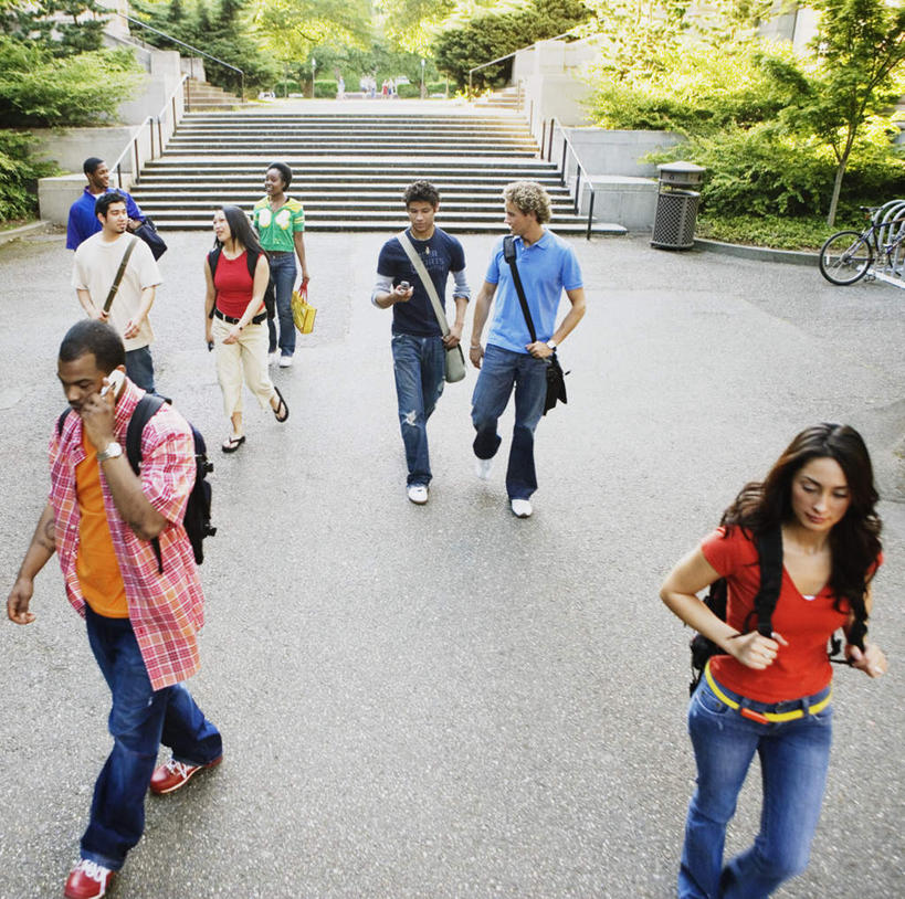 伙伴,朋友,学校,走,笑,说,打电话,微笑,露齿笑,横图,俯视,室外,白天,正面,友谊,植物,电话,欧洲,非洲,黑人,欧洲人,亚洲,包,绿叶,许多人,走着,黄种人,通讯设备,校园,台阶,树,树木,树叶,一群人,同学,单肩包,校友,同窗,学友,交流,友情,男人,男性,年轻男性,年轻女性,女人,女性,白种人,非洲人,亚洲人,沟通,讲话,交谈,散步,说话,谈话,通话,半身,彩图,高角度拍摄,双肩包