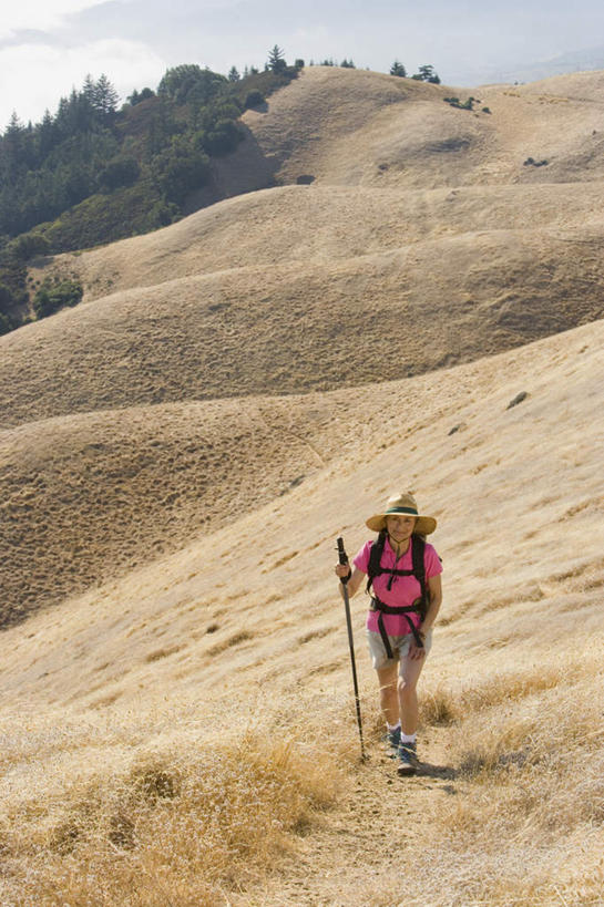 西方人,一个人,站,笑,攀登,微笑,竖图,俯视,室外,白天,旅游,度假,草地,草坪,美景,森林,山,山脉,树林,植物,帽子,欧洲,欧洲人,仅一个女性,仅一个人,服装,包,草帽,工具,器材,书包,景观,山峰,山峦,注视,休闲装,娱乐,草,树,树木,衣服,绿色,蓝天,天空,自然,背包,群山,天,观察,看,站着,仅一个中年女性,享受,休闲,休闲服,器械,景色,放松,服饰,生长,成长,拐杖,观看,察看,关注,自然风光,登山杖,辅助设备,登山棍,女人,女性,中年女性,白种人,登攀,登山,爬山,攀,攀高,攀爬,站立,彩图,高角度拍摄,全身