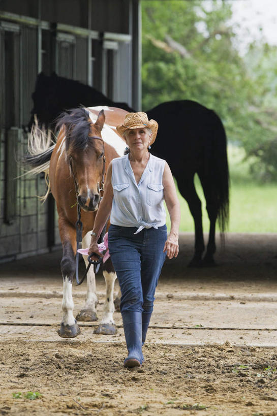 西方人,一个人,走,笑,微笑,露齿笑,竖图,室外,白天,正面,植物,马,野生动物,帽子,欧洲,欧洲人,仅一个女性,仅一个人,牵,服装,裤子,注视,牛仔裤,休闲装,一匹,树,树木,衣服,绿色,自然,动物,观察,看,休闲,休闲服,牛仔帽,运输,服饰,仅一个老年女性,牲畜,生长,成长,观看,牵着,察看,关注,老年女性,女人,女性,白种人,步行,散步,走路,彩图,全身