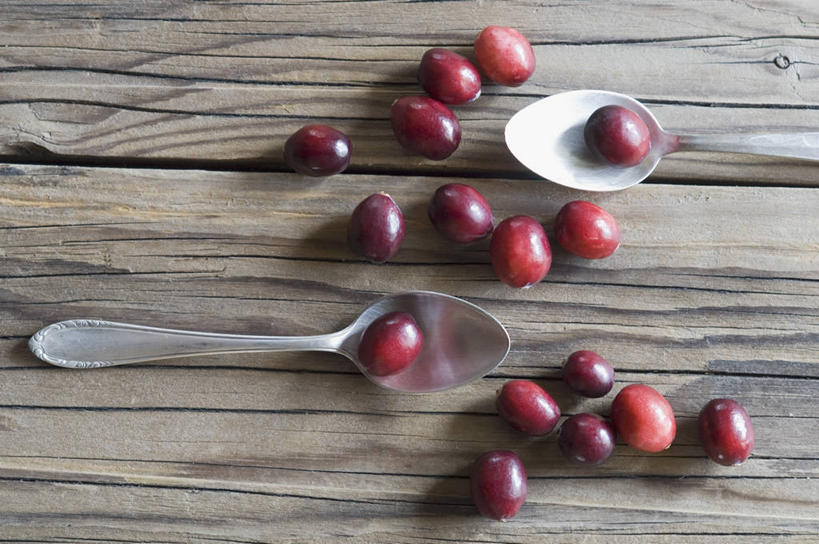 无人,横图,俯视,室内,特写,白天,餐桌,桌子,水果,金属制品,许多,阴影,新鲜,反射,金属,木制,影子,勺子,生食,食品,果实,两把,食物,红色,木制品,调羹,汤匙,有机食品,绿色食品,餐台,蔓越莓,小红莓,彩图,高角度拍摄