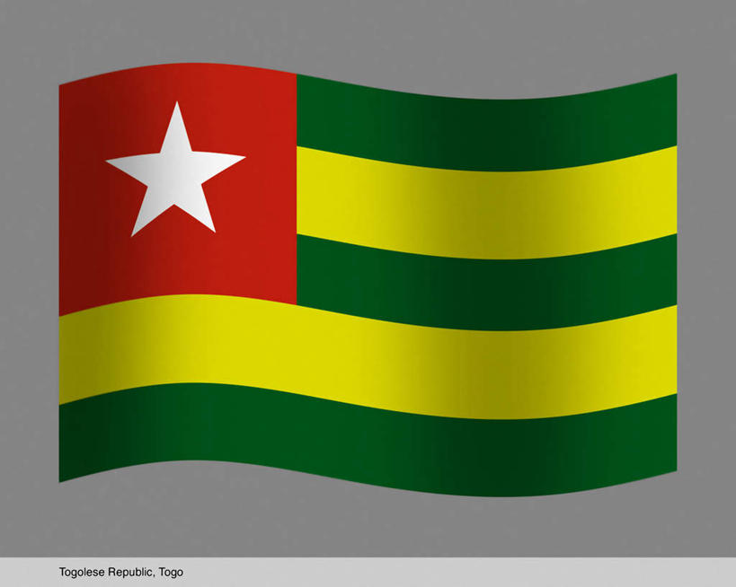 无人,横图,插画,室内,白天,正面,数码,科技,旗帜,国旗,非洲,一面,阴影,灰色背景,条纹,曲折,弯曲,光线,网络,方形,影子,星星,高光,几何,计算机图形,合成,图画,画,一个,黄色,红色,绿色,星形,蜿蜒,单个,电脑合成图,数码合成图,漫画,五角形,写实,具体,具象,阿非利加洲,多哥,多哥共和国,旗,五角星,彩图