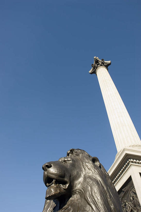 无人,竖图,室外,白天,仰视,旅游,度假,名胜古迹,标志建筑,地标,建筑,哺乳动物,野生动物,狮子,雕塑,英国,欧洲,伦敦,朦胧,模糊,遗迹,艺术,装饰,雕刻,雕像,首都,古迹,文物,娱乐,建设,古建筑,一只,蓝色,蓝天,天空,动物,工艺品,天,享受,休闲,旅游胜地,放松,晴朗,纪念,美术,西欧,主题,大不列颠,凶猛,陈列,古文明,特拉法尔加广场,纳尔逊纪念柱,特拉法加广场,大不列颠及北爱尔兰联合王国,万里无云,功能,美学,大不列颠联合王国,日不落英帝国,漆雕,伦敦纳尔逊纪念柱,残暴,凶残,晴空,晴空万里,半身,彩图,低角度拍摄