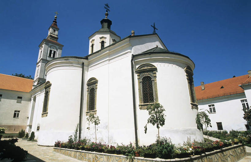 无人,横图,室外,白天,仰视,旅游,度假,植物,标志建筑,地标,建筑,欧洲,阴影,节日,光线,瓦片,影子,墙,屋顶,顶棚,瓦,文化,娱乐,建设,墙壁,墙面,树,树木,蓝色,绿色,白色,蓝天,天空,阳光,自然,天,祈祷,享受,休闲,健康,旅游胜地,放松,许愿,宗教,建造,信仰,生长,晴朗,成长,纪念,祈求,基督教,天主教,修道院,信念,东欧,屋瓦,万里无云,塞尔维亚,塞尔维亚共和国,神学院,修院,隐修院,平安,晴空,晴空万里,彩图,低角度拍摄